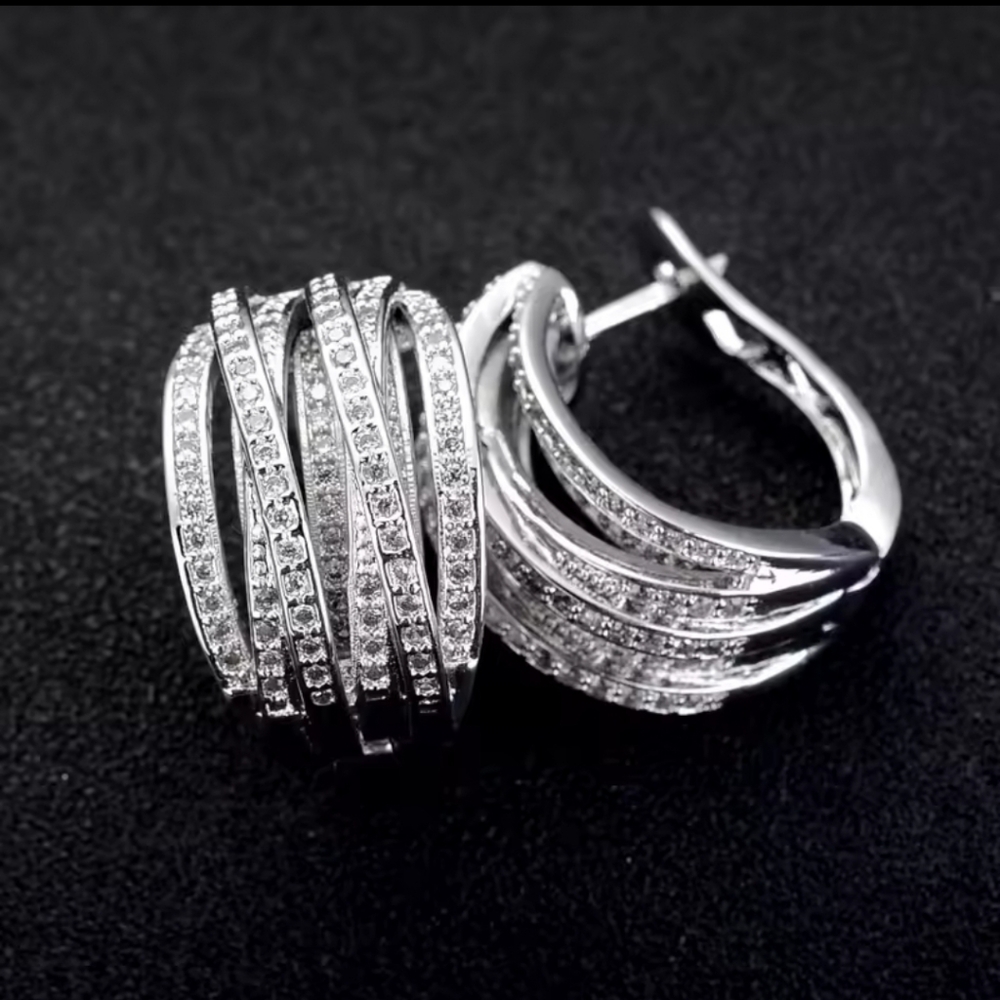 Fashion silver tone cross hoop earrings full crystal cubic zirconia